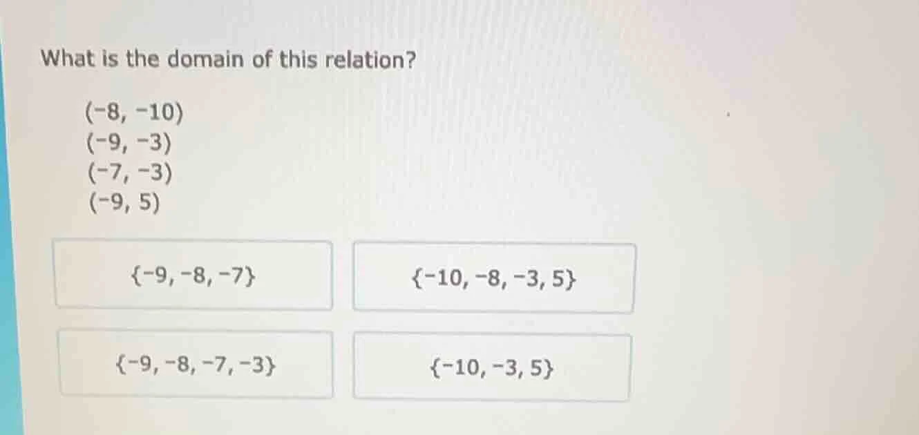 what is the domain of this relation? (-8, -10) (-9, -3) (-7, -3) (-9, 5…