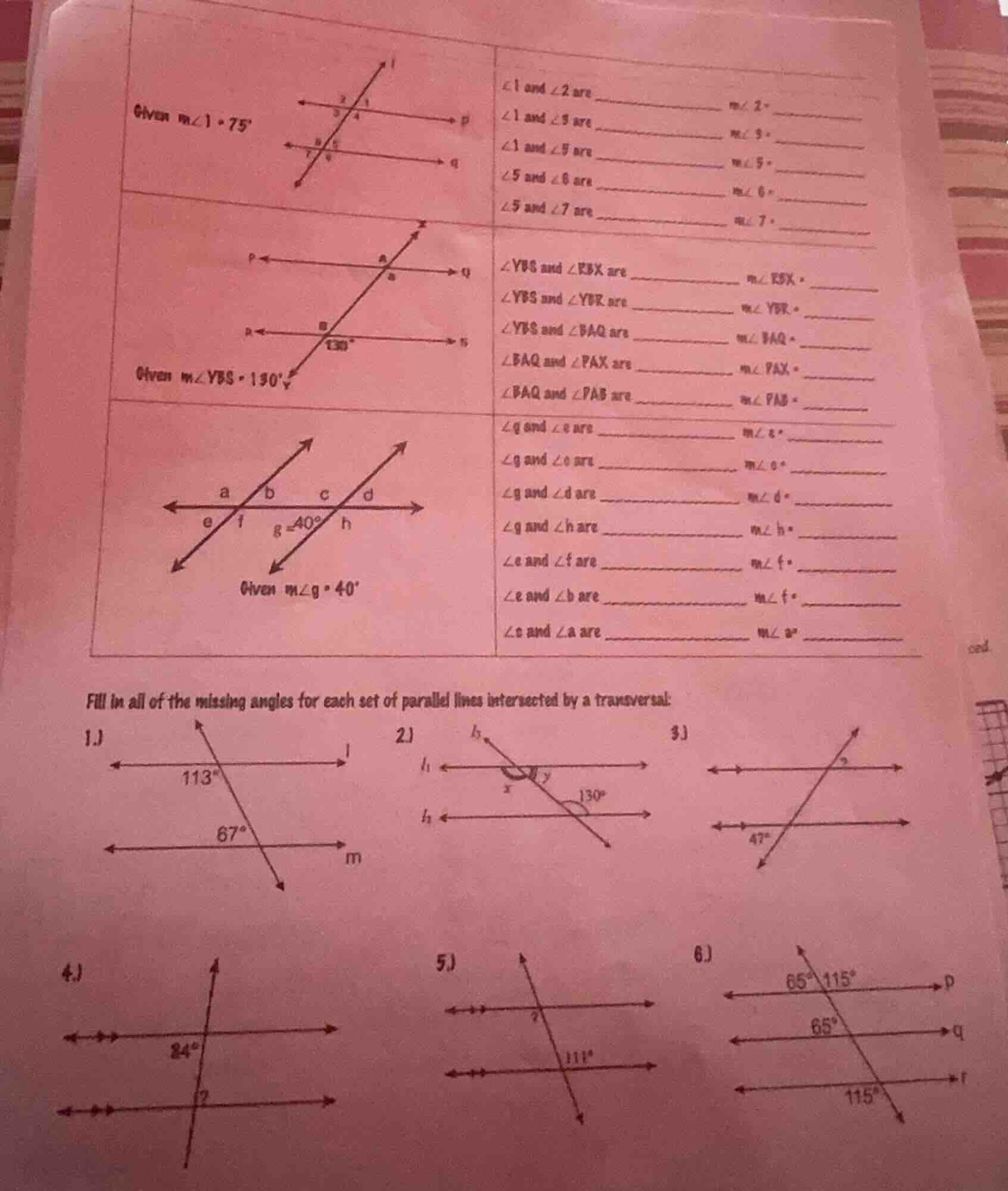 given m∠1 = 75° ∠1 and ∠2 are ______ m∠2 = ______ ∠1 and ∠3 are ______ …