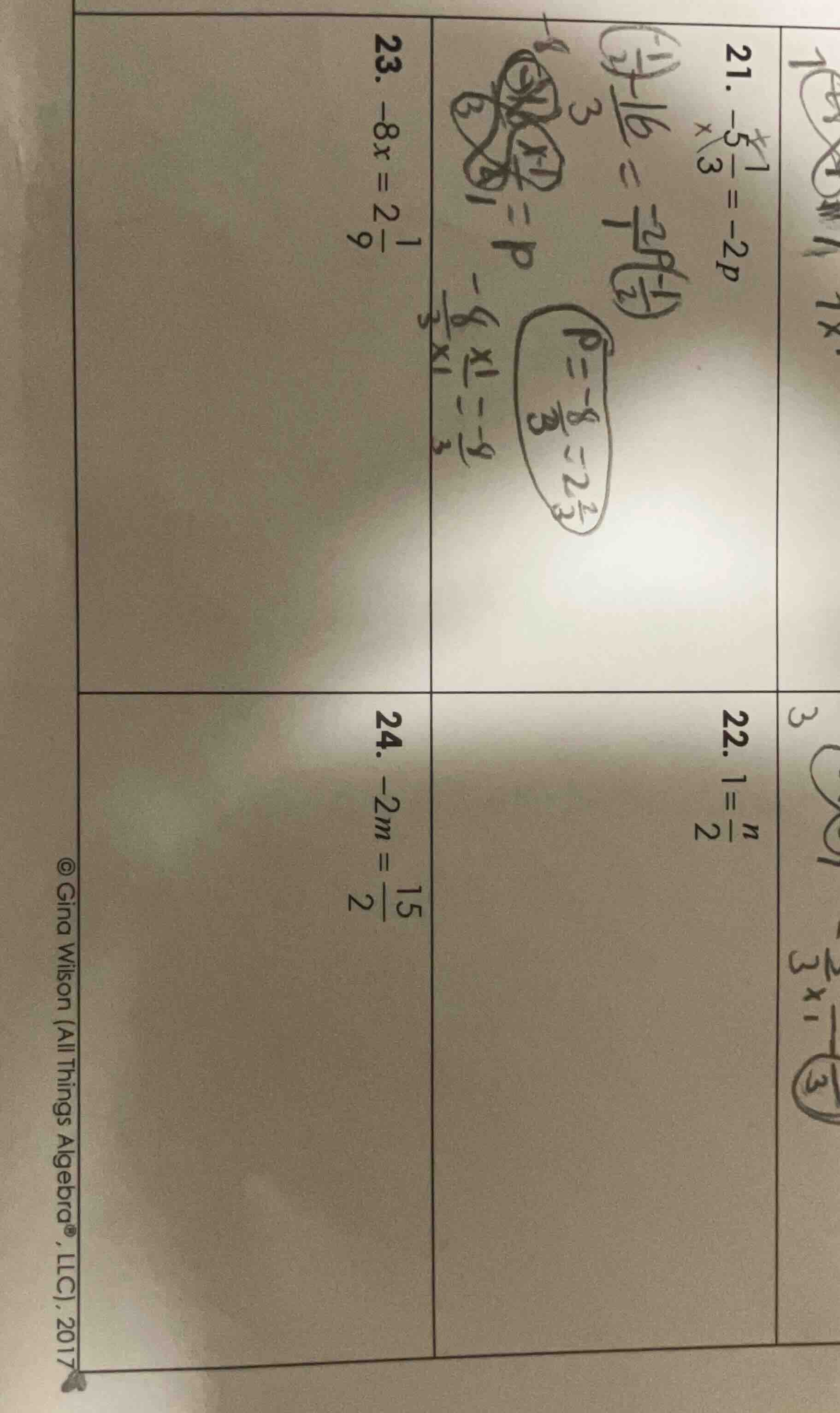 21. $-\frac{5}{3} = -2p$ 22. $1 = \frac{n}{2}$ 23. $-8x = 2\frac{1}{9}$…