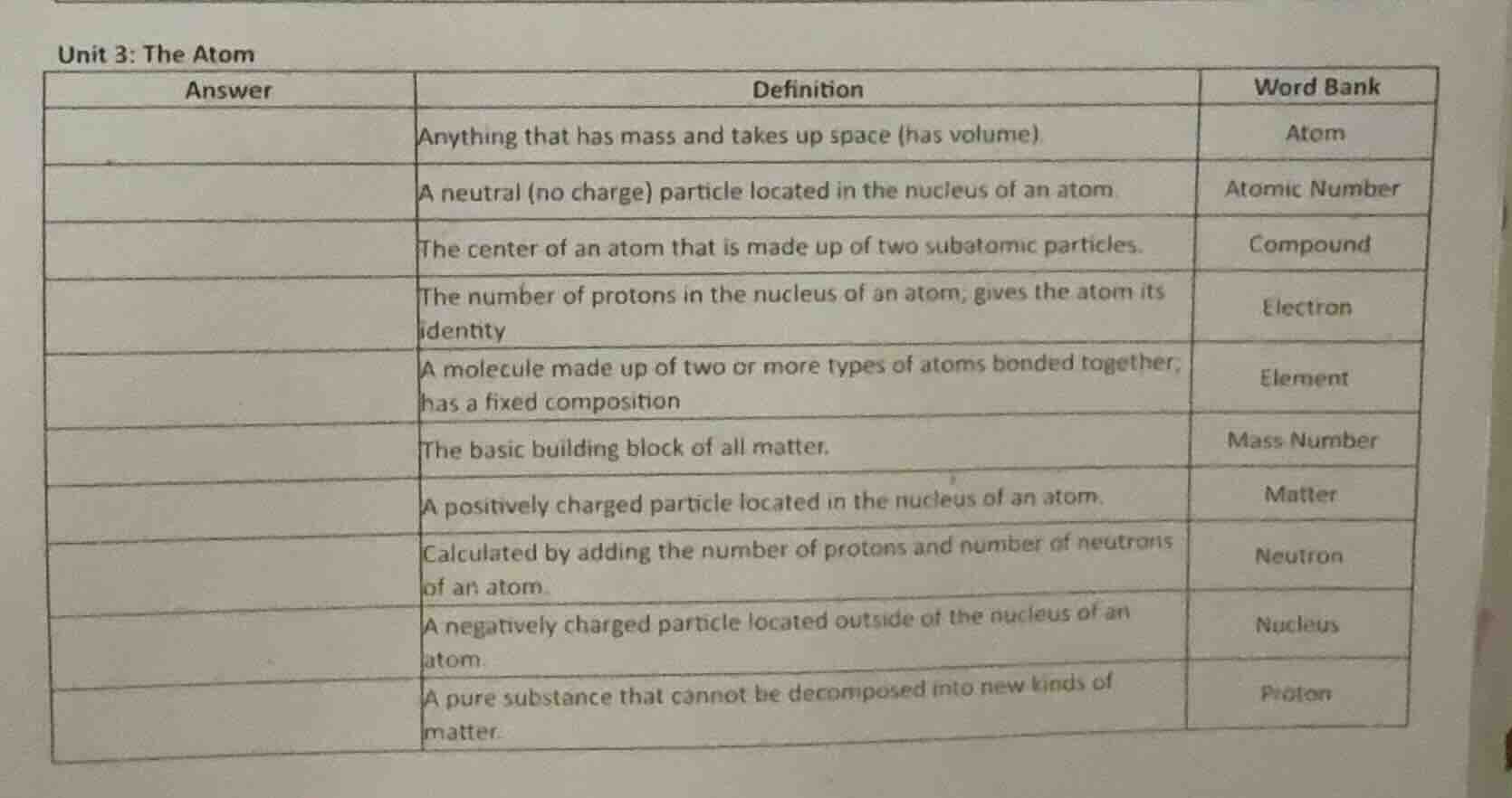 unit 3: the atom | answer | definition | word bank | | ---- | ---- | --…