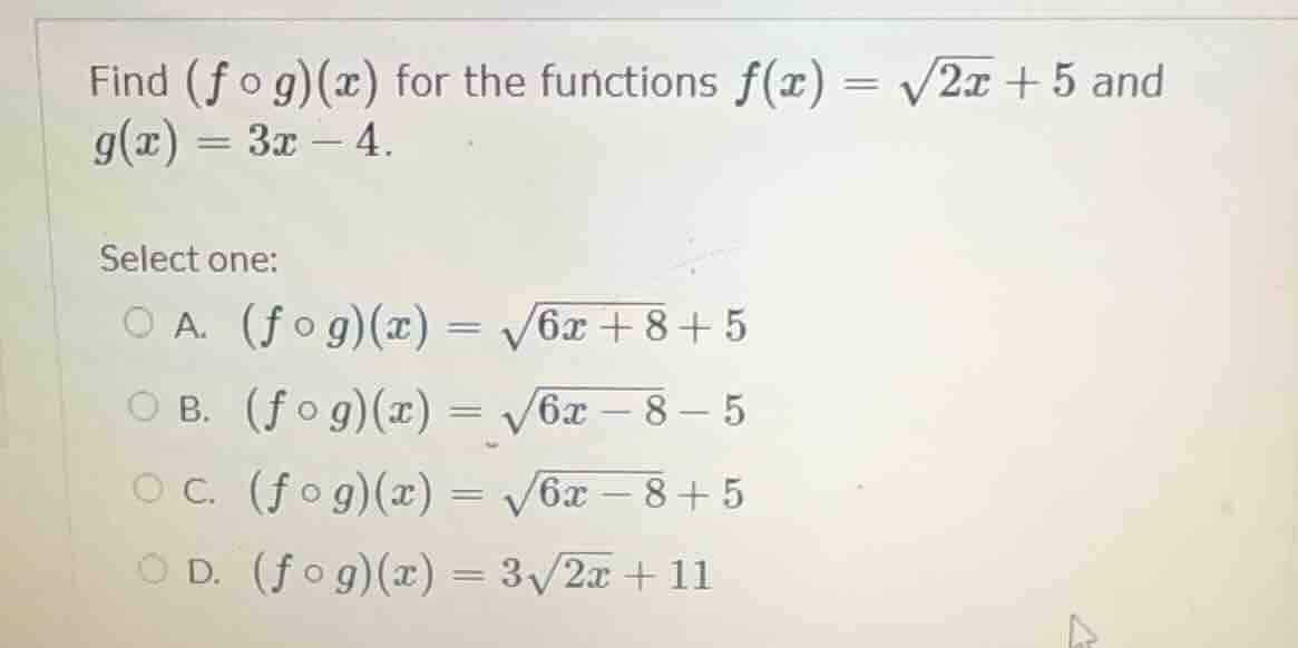find $(f \\circ g)(x)$ for the functions $f(x) = \\sqrt{2x} + 5$ and $g…