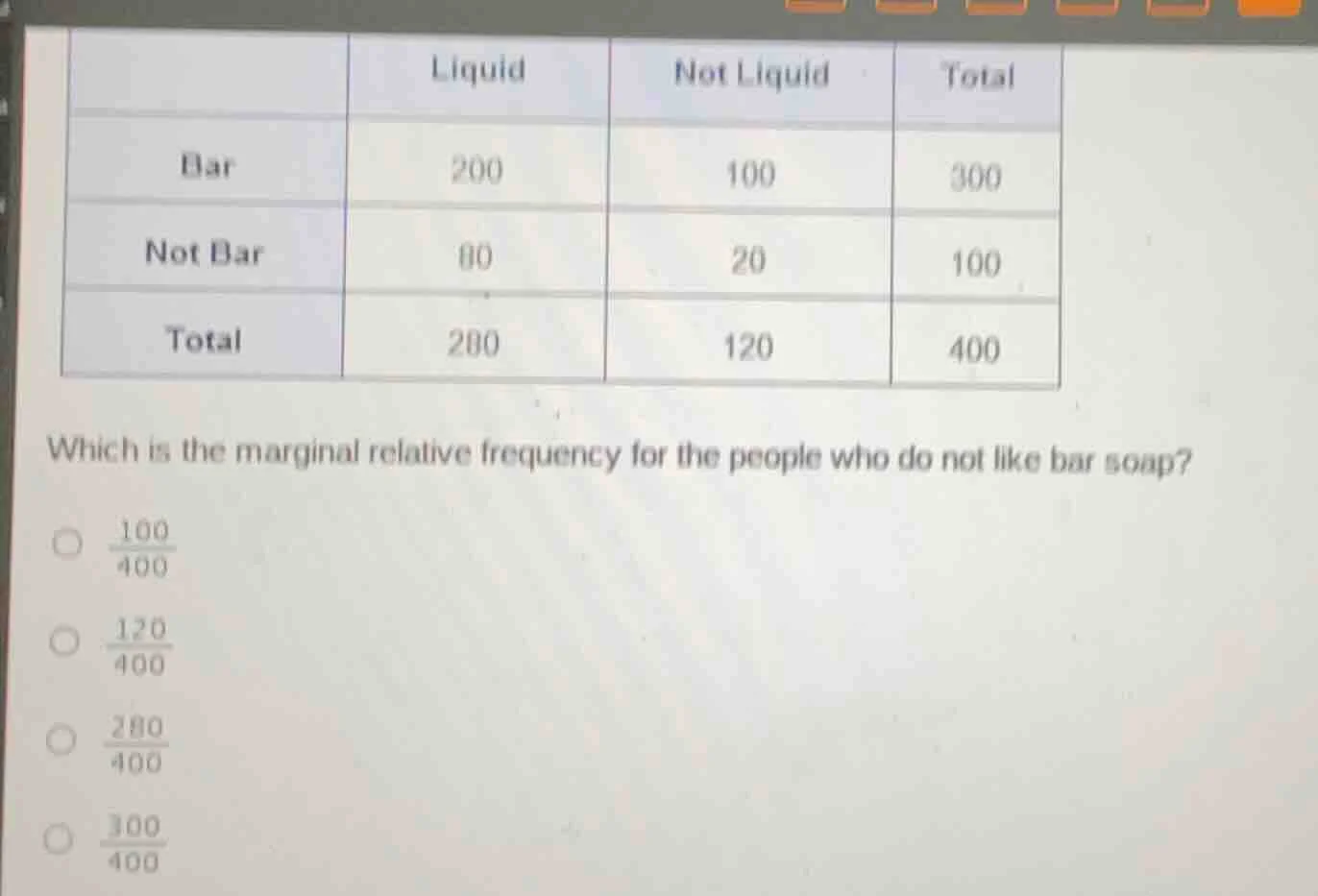 | | liquid | not liquid | total | | bar | 200 | 100 | 300 | | not bar |…