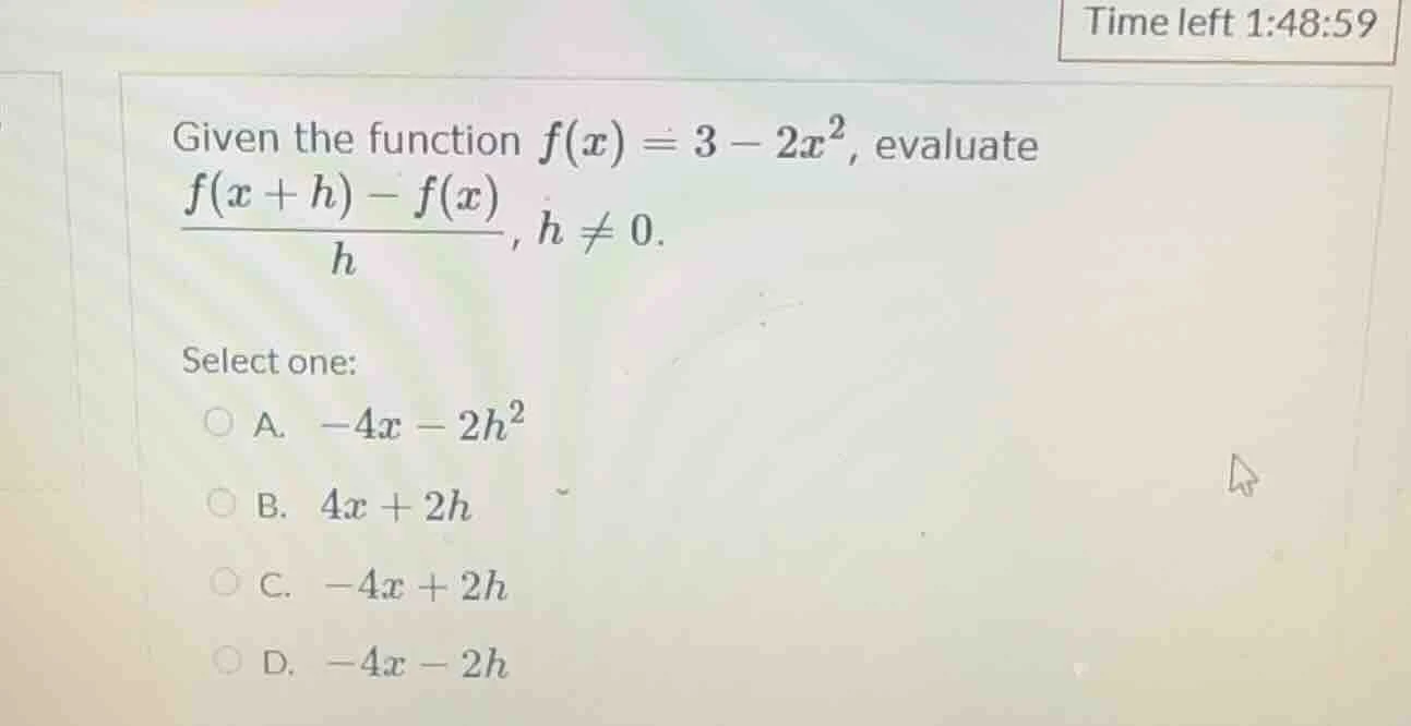 given the function $f(x) = 3 - 2x^2$, evaluate $dfrac{f(x + h) - f(x)}{…