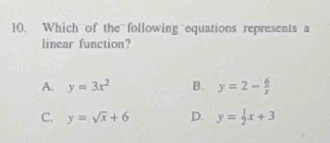 10. which of the following equations represents a linear function? a. $…