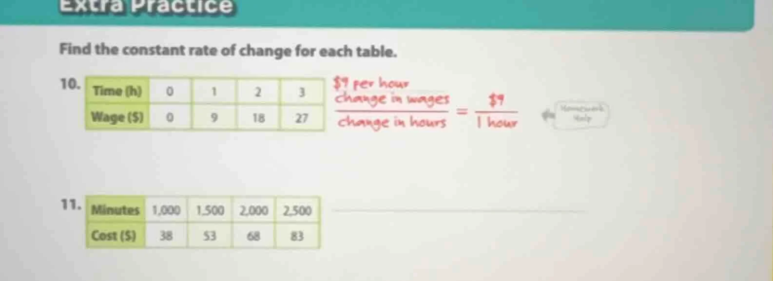 extra practice find the constant rate of change for each table. 10. tim…