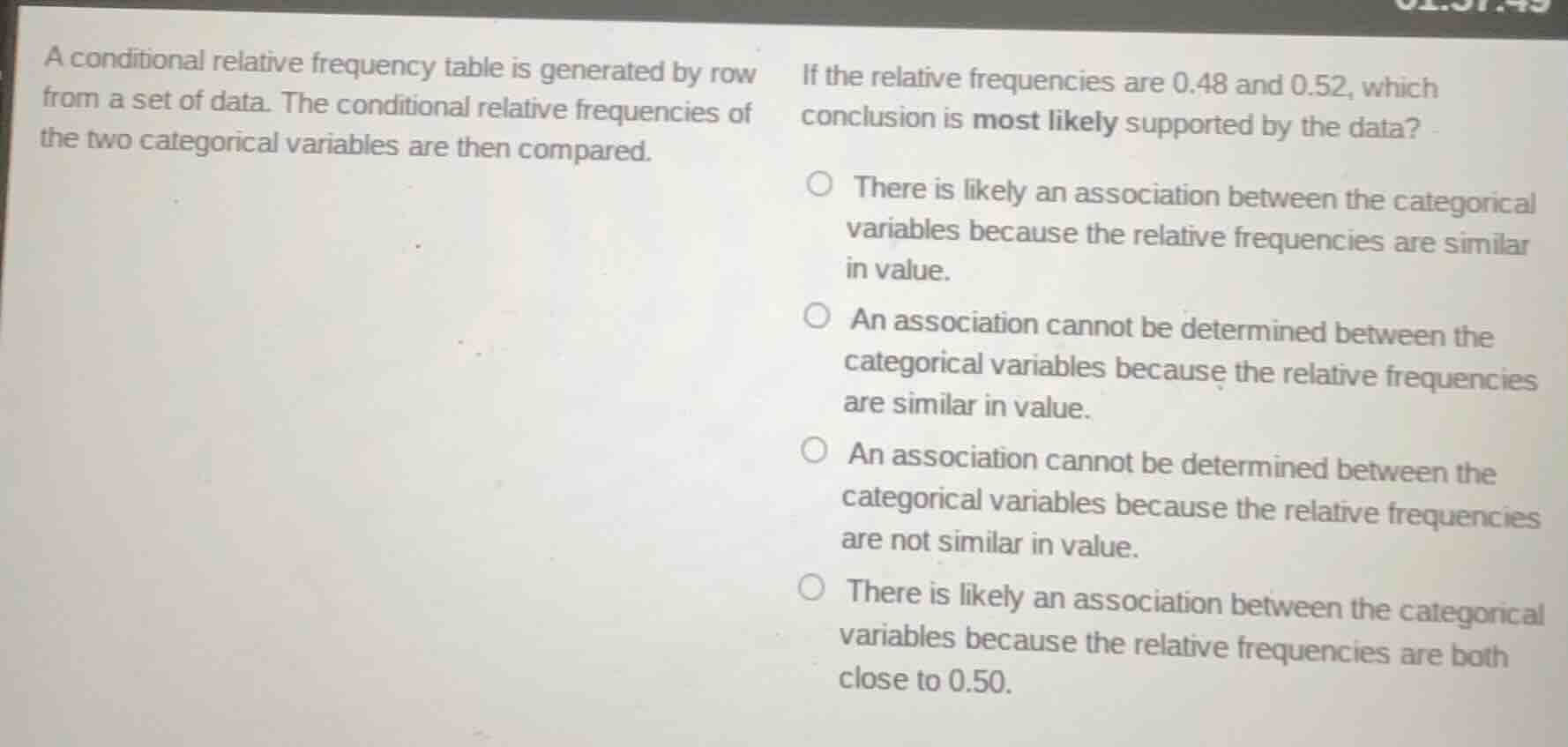 a conditional relative frequency table is generated by row from a set o…