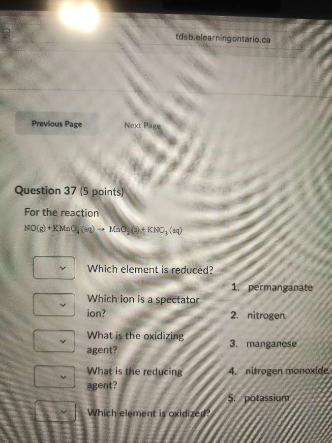 question 37 (5 points) for the reaction no(g) + kmno₄(aq) → mno₂(s) + k…