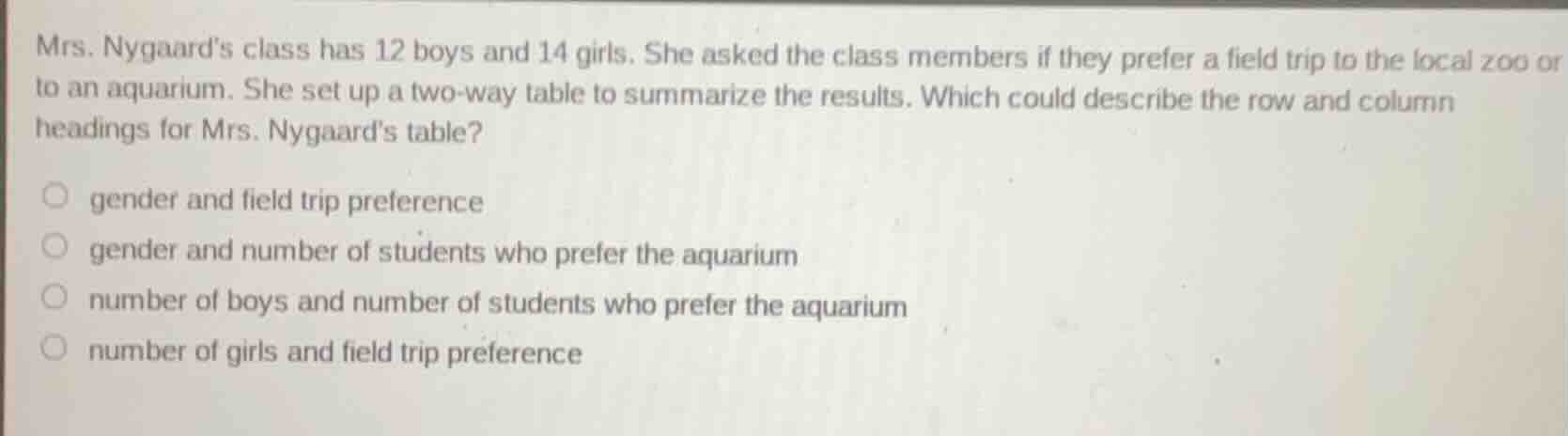 mrs. nygaards class has 12 boys and 14 girls. she asked the class membe…