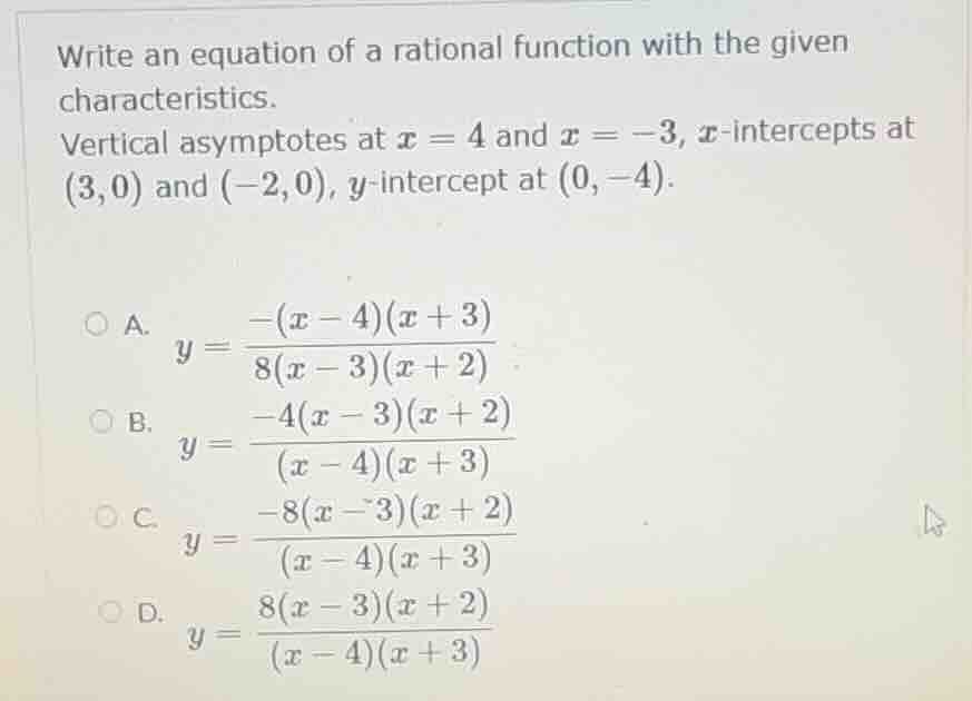 write an equation of a rational function with the given characteristics…