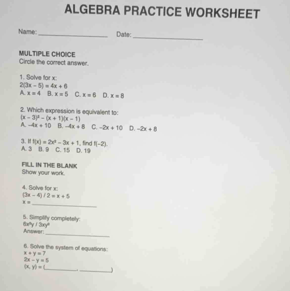 algebra practice worksheet name: _______________ date: _______________ …