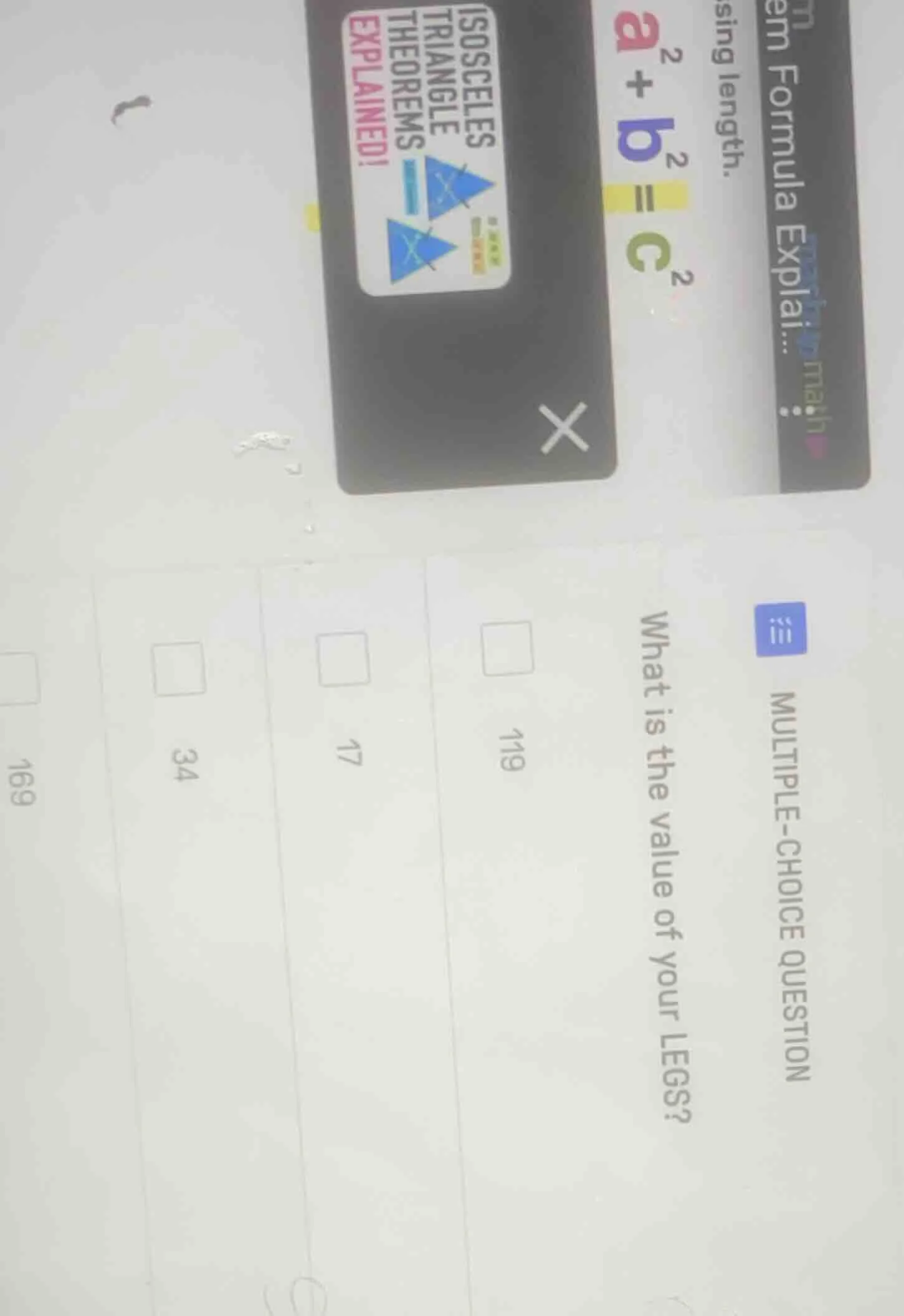 multiple-choice question what is the value of your legs? 119 17 34 169 …