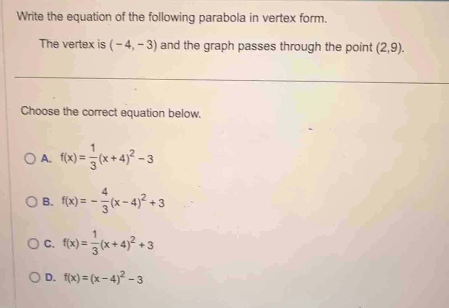 write the equation of the following parabola in vertex form. the vertex…