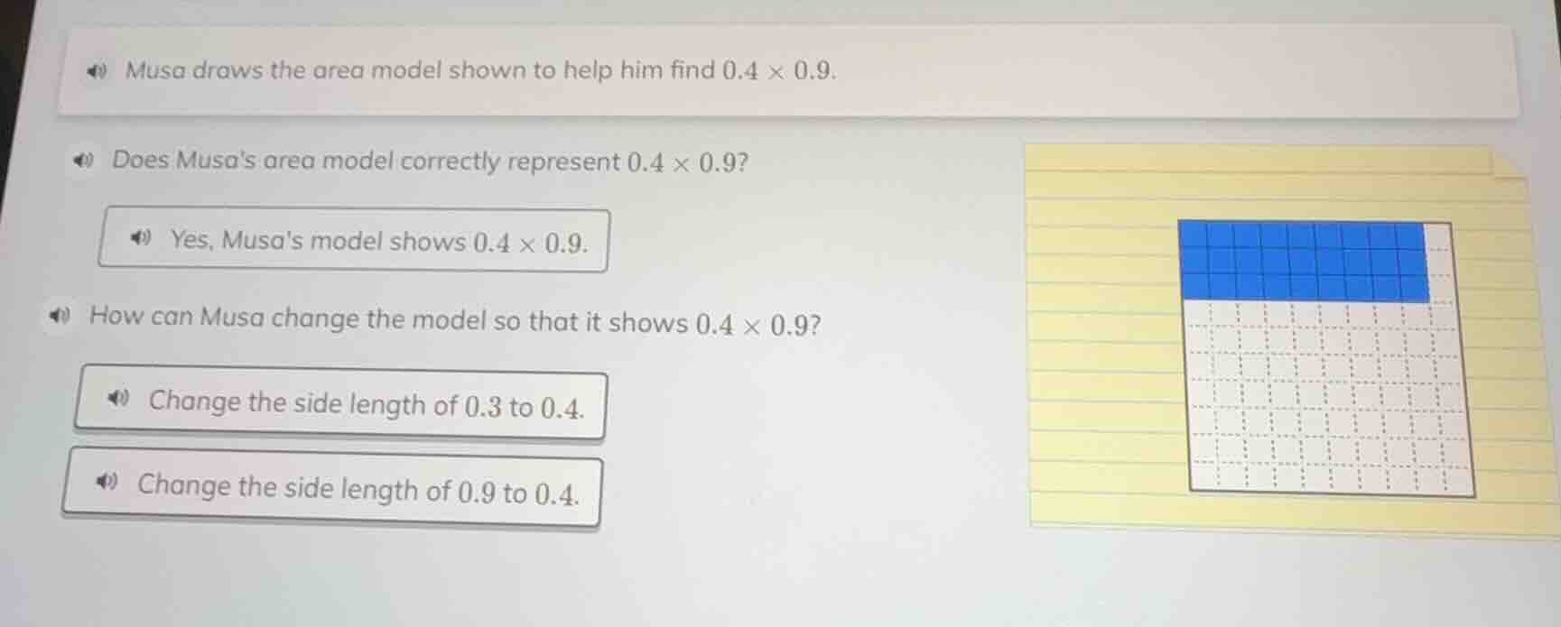 musa draws the area model shown to help him find 0.4 × 0.9. does musas …