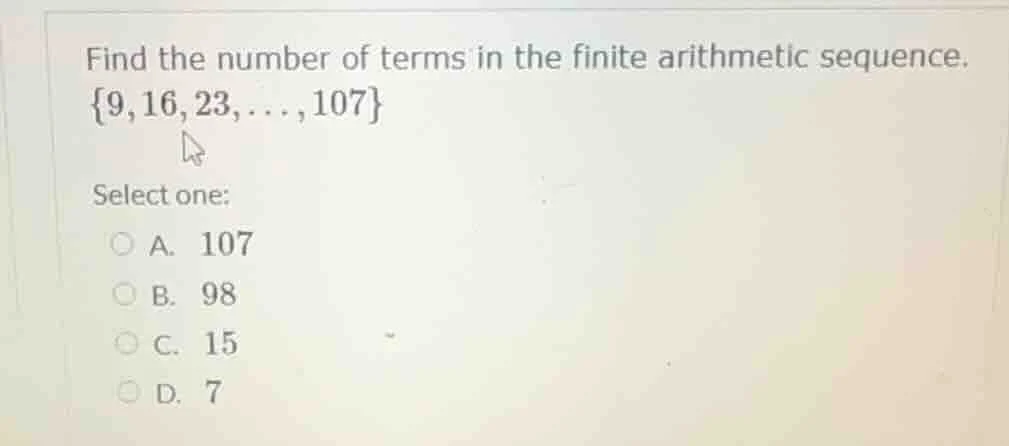 find the number of terms in the finite arithmetic sequence.\\{9,16,23,\…