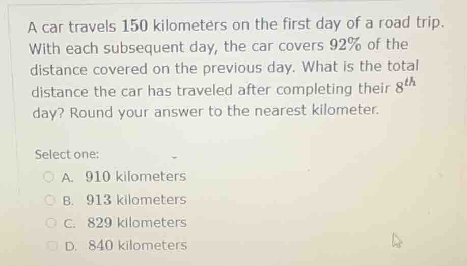 a car travels 150 kilometers on the first day of a road trip. with each…