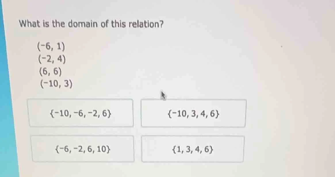 what is the domain of this relation? (-6, 1) (-2, 4) (6, 6) (-10, 3) {-…