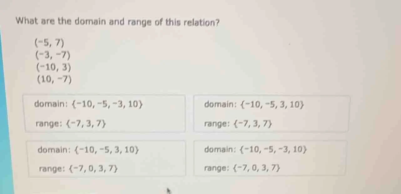 what are the domain and range of this relation? (-5, 7) (-3, -7) (-10, …