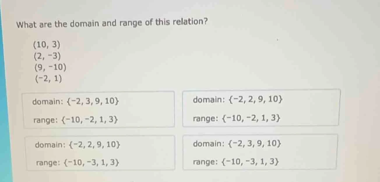what are the domain and range of this relation? (10, 3) (2, -3) (9, -10…