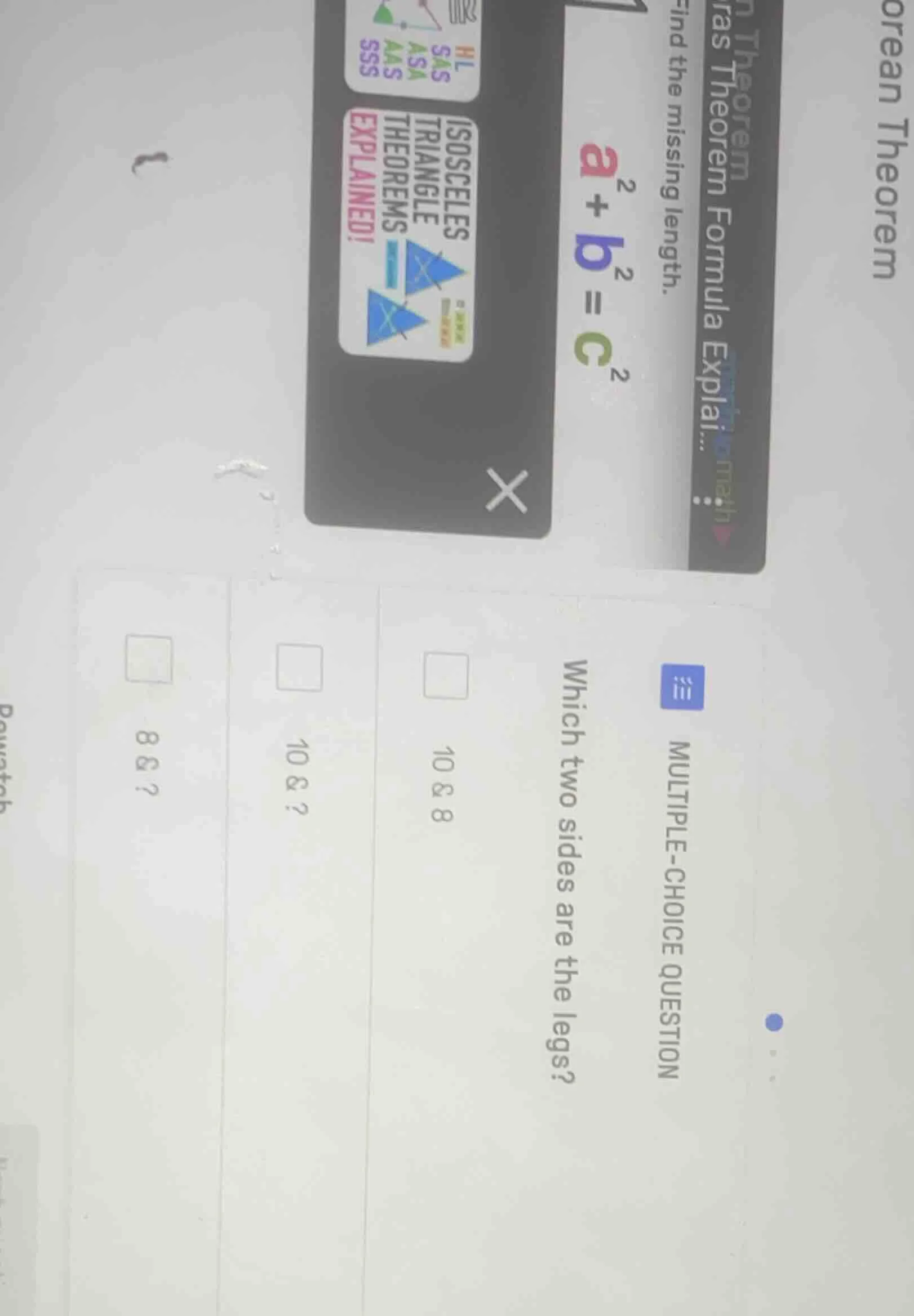 multiple-choice question which two sides are the legs? 10 & 8 10 &? 8 &…