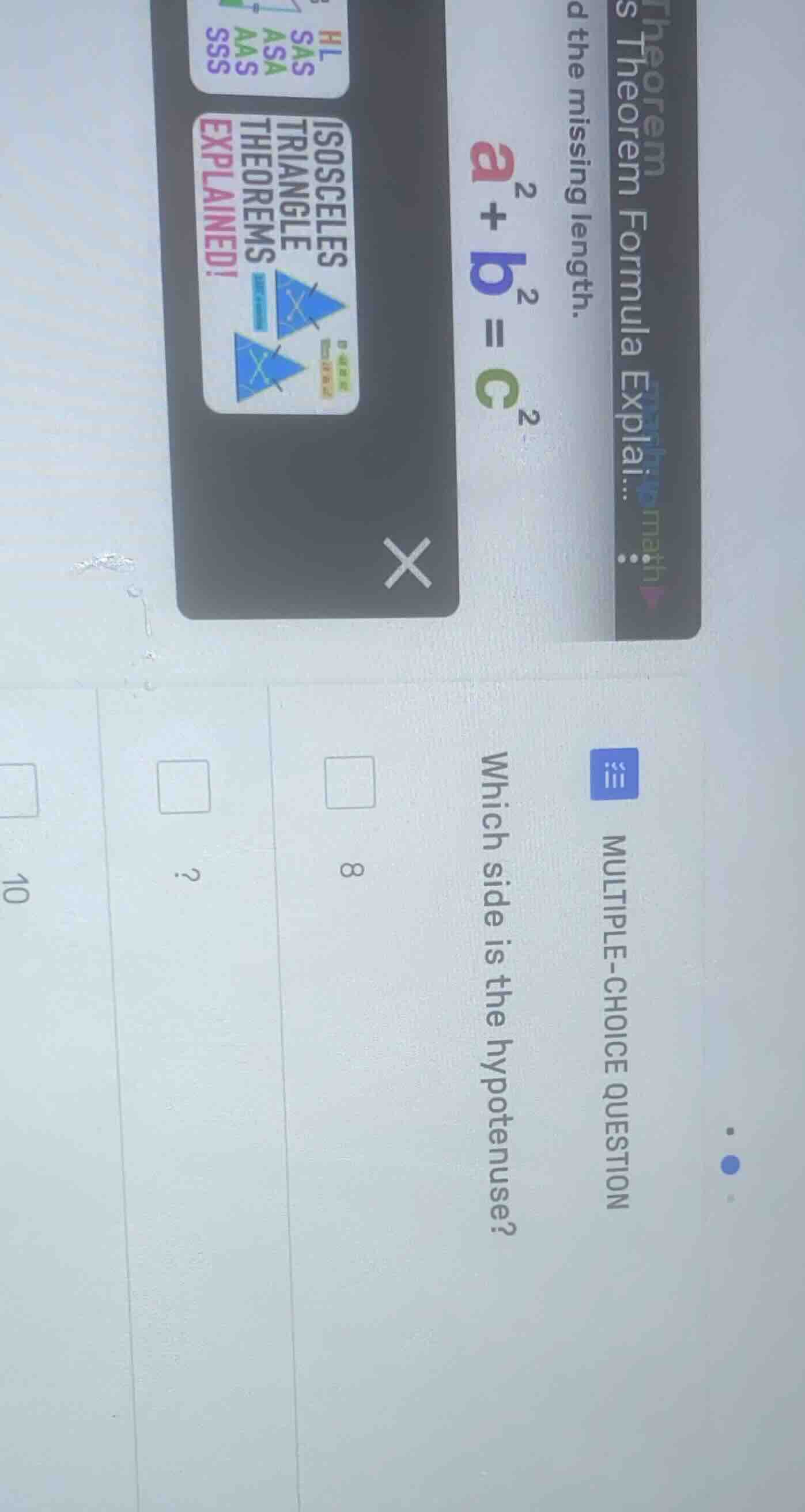 multiple-choice question which side is the hypotenuse? 8 ? 10