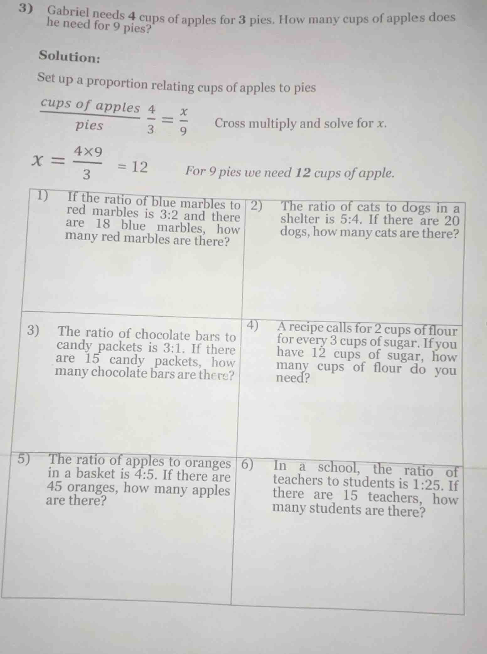 3) gabriel needs 4 cups of apples for 3 pies. how many cups of apples d…