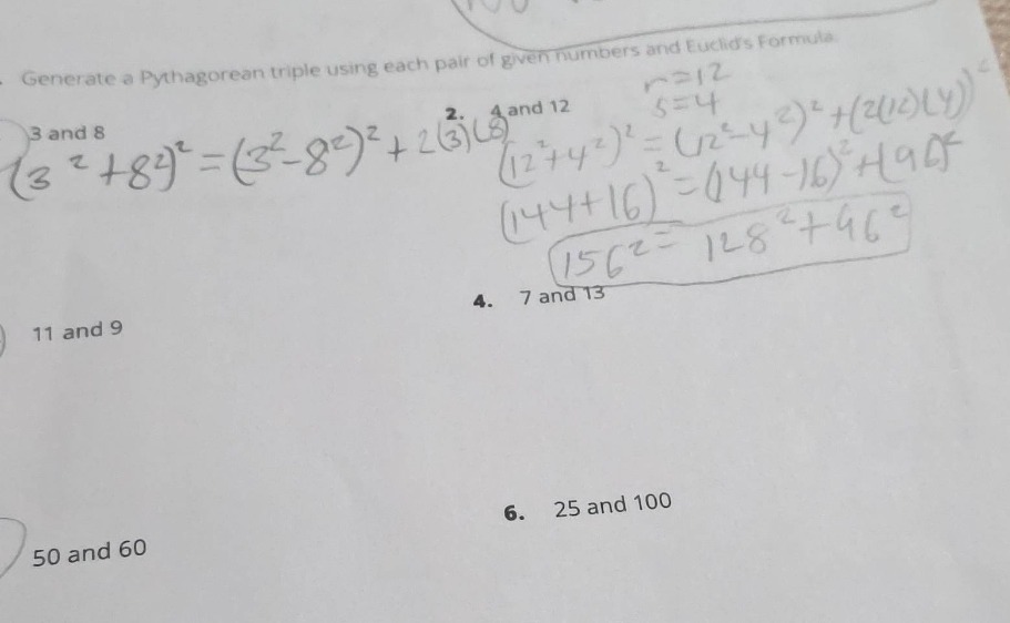 generate a pythagorean triple using each pair of given numbers and eucl…