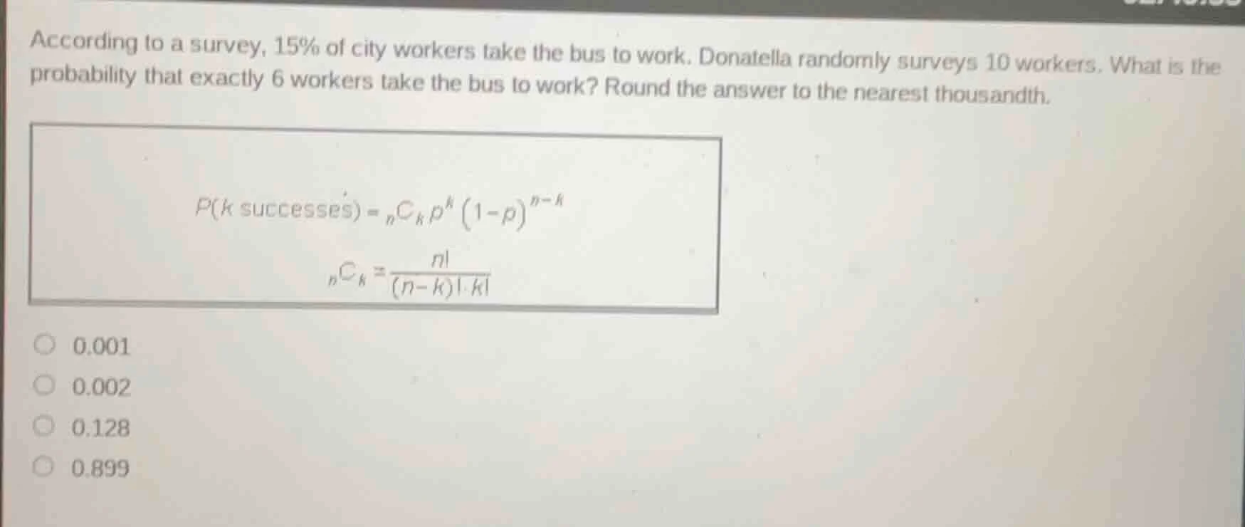 according to a survey, 15% of city workers take the bus to work. donate…