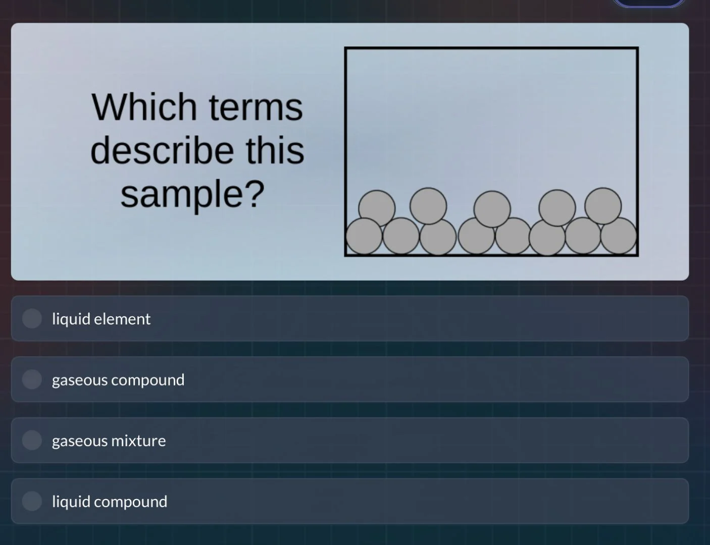 which terms describe this sample? image of particles at the bottom of a…