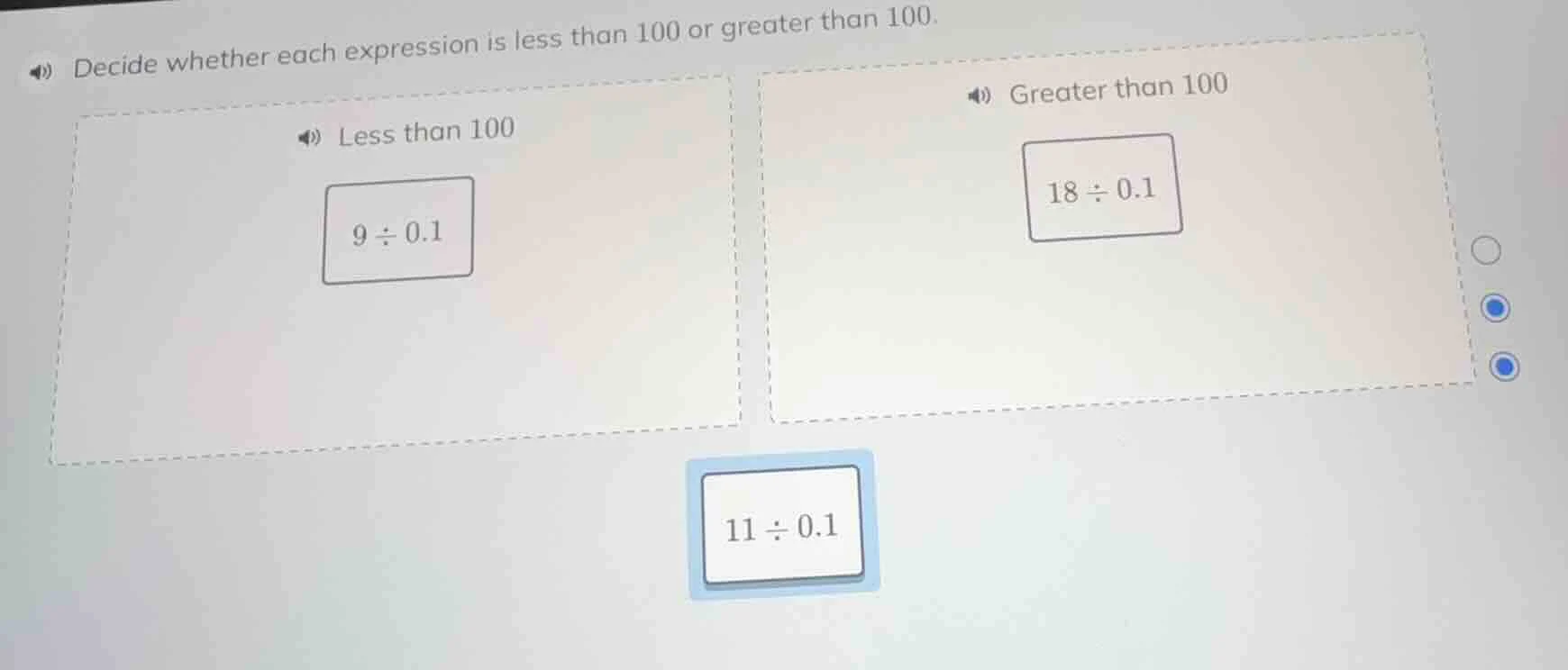 decide whether each expression is less than 100 or greater than 100. le…