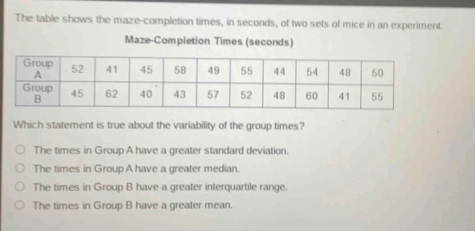 the table shows the maze - completion times, in seconds, of two sets of…