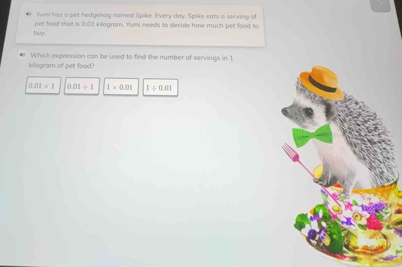 yumi has a pet hedgehog named spike. every day, spike eats a serving of…