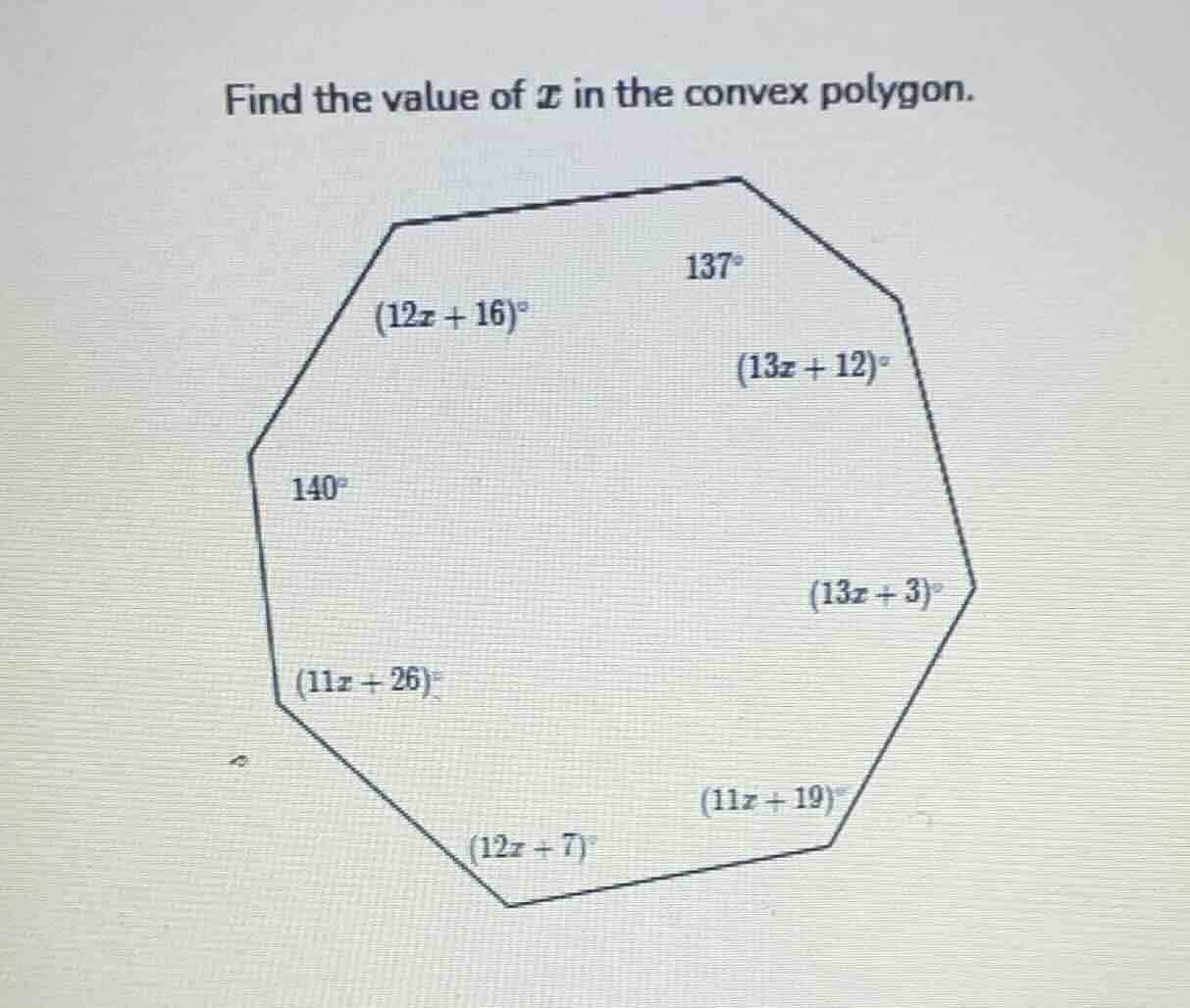 find the value of ( x ) in the convex polygon. the convex polygon (an o…