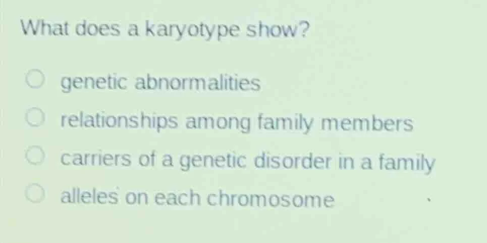 what does a karyotype show? ○ genetic abnormalities ○ relationships amo…