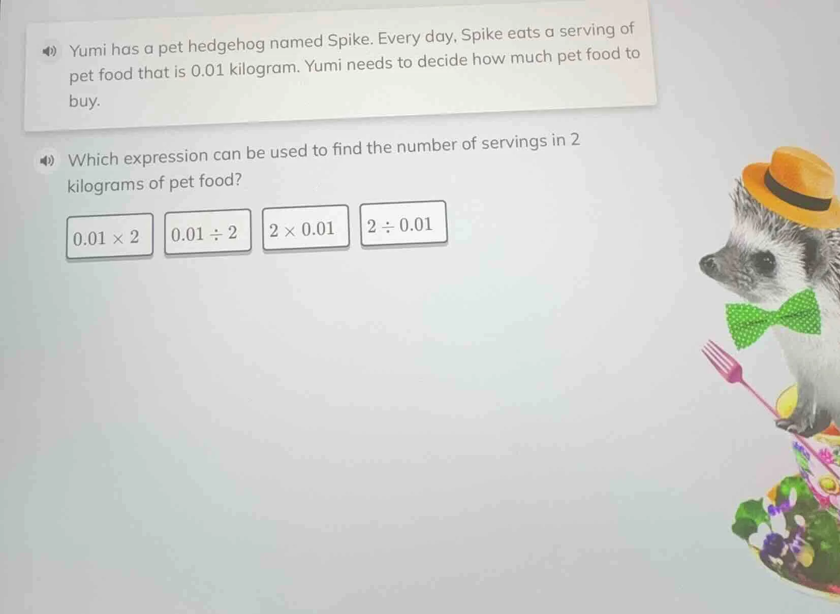 yumi has a pet hedgehog named spike. every day, spike eats a serving of…