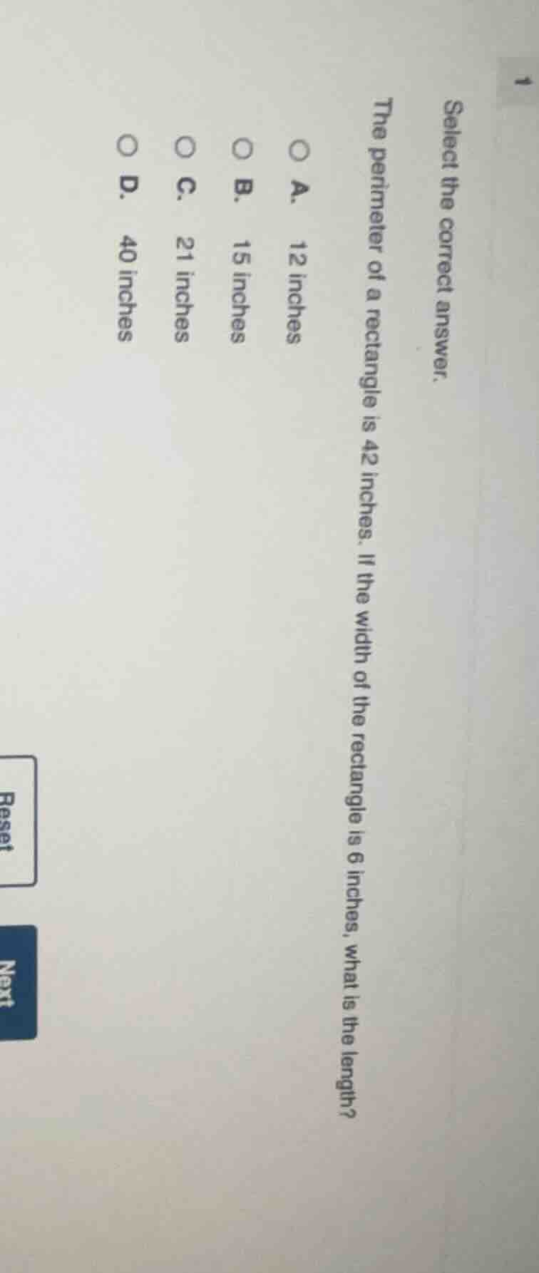 select the correct answer. the perimeter of a rectangle is 42 inches. i…