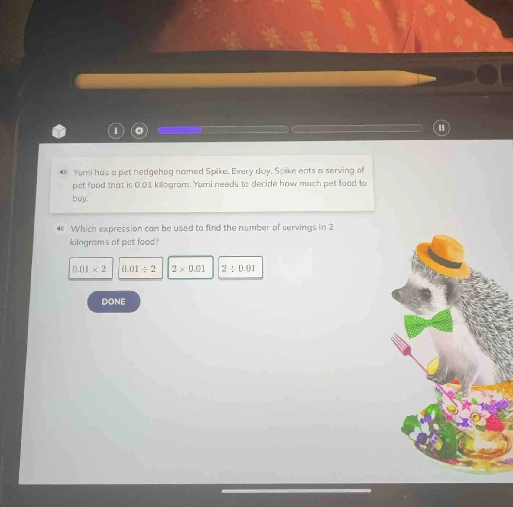 yumi has a pet hedgehog named spike. every day, spike eats a serving of…