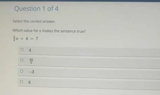 question 1 of 4 select the correct answer. which value for x makes the …