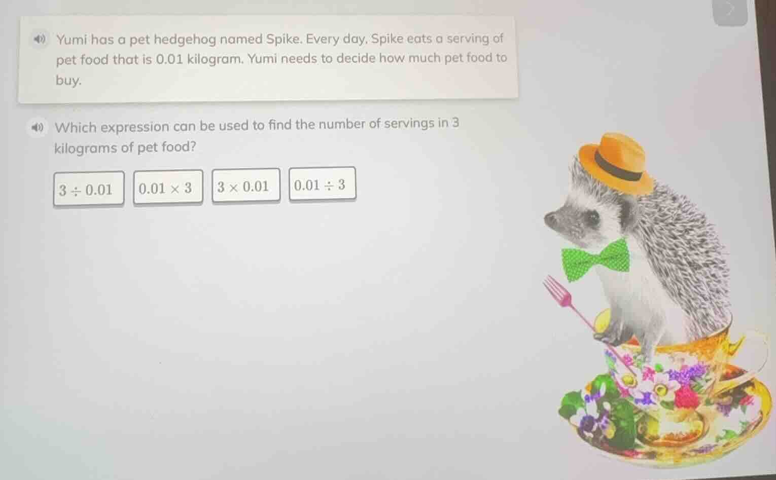 yumi has a pet hedgehog named spike. every day, spike eats a serving of…