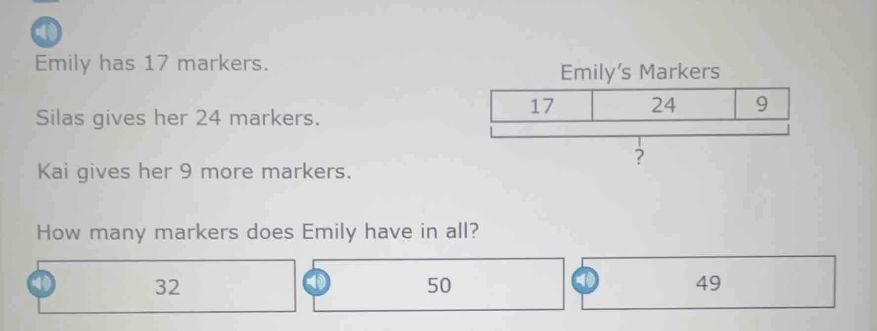 emily has 17 markers. silas gives her 24 markers. kai gives her 9 more …