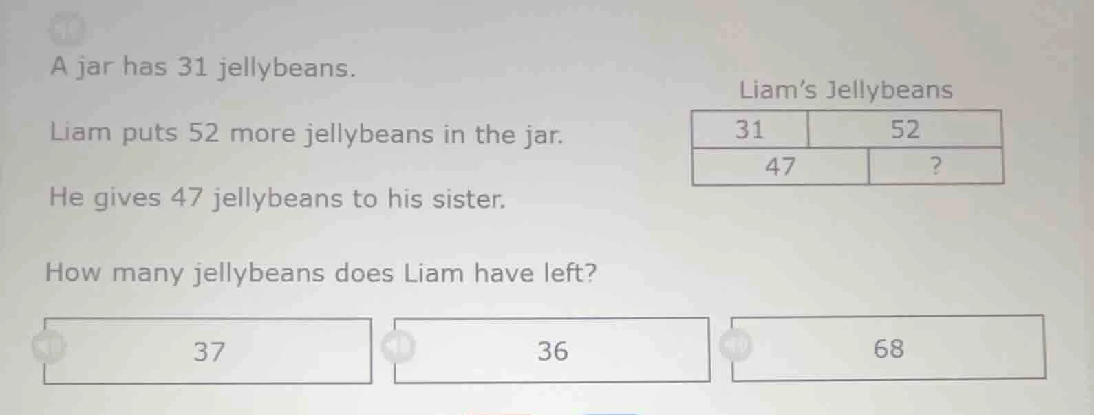 a jar has 31 jellybeans. liam puts 52 more jellybeans in the jar. he gi…
