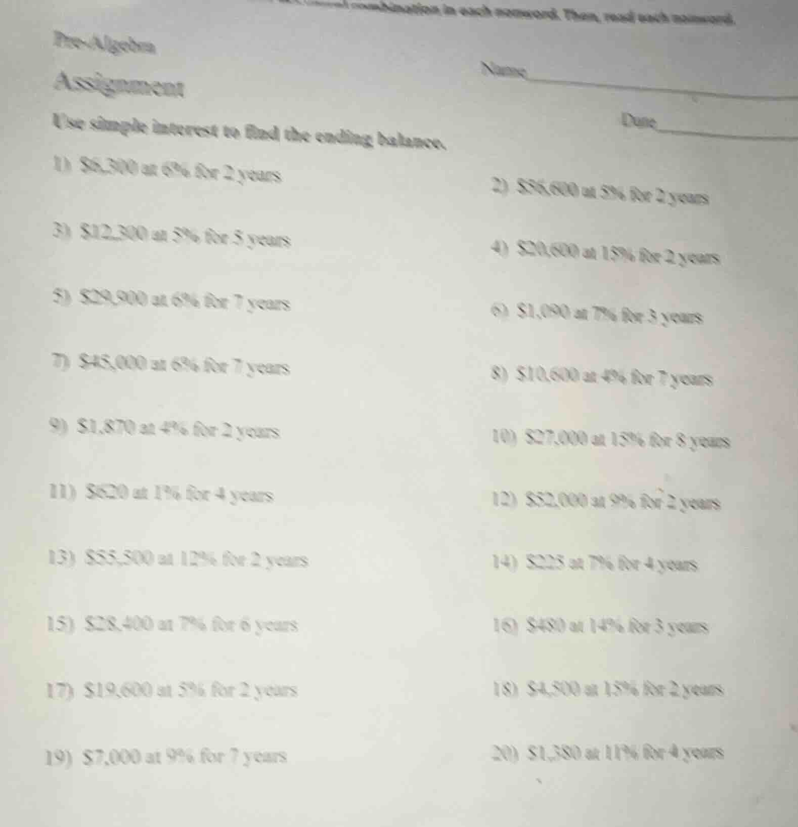 pre - algebra assignment name date use simple interest to find the endi…
