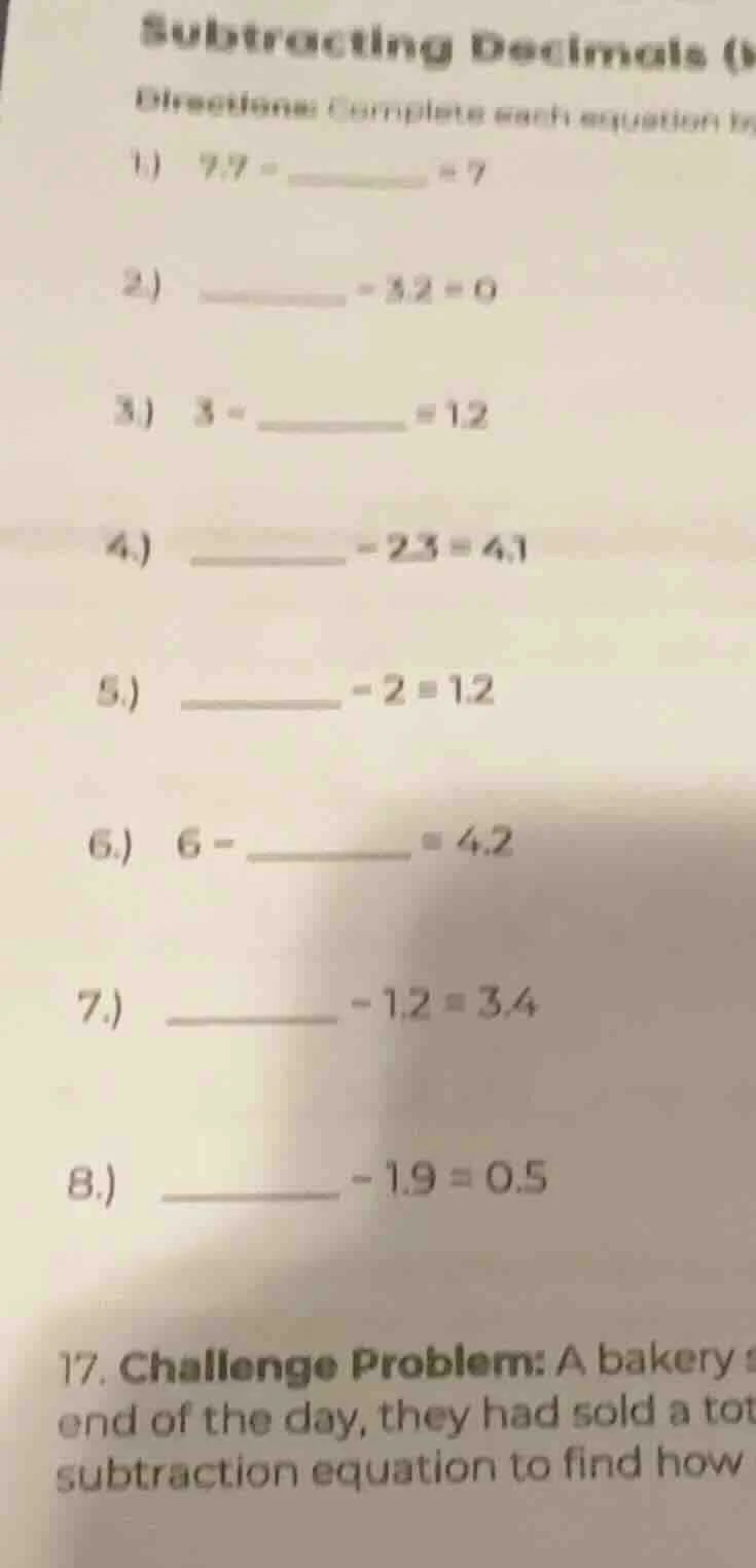 subtracting decimals (\ directions: complete each equation \ 1) \\( 7.7…