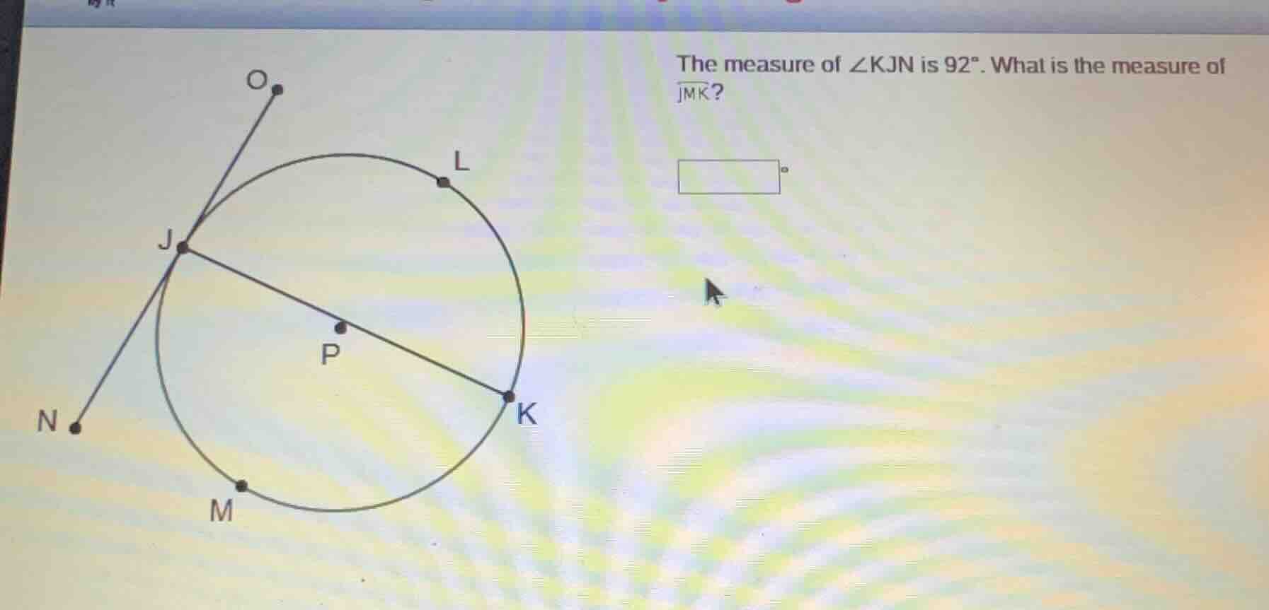 the measure of ∠kjn is 92°. what is the measure of widehat{jmk}? (there…