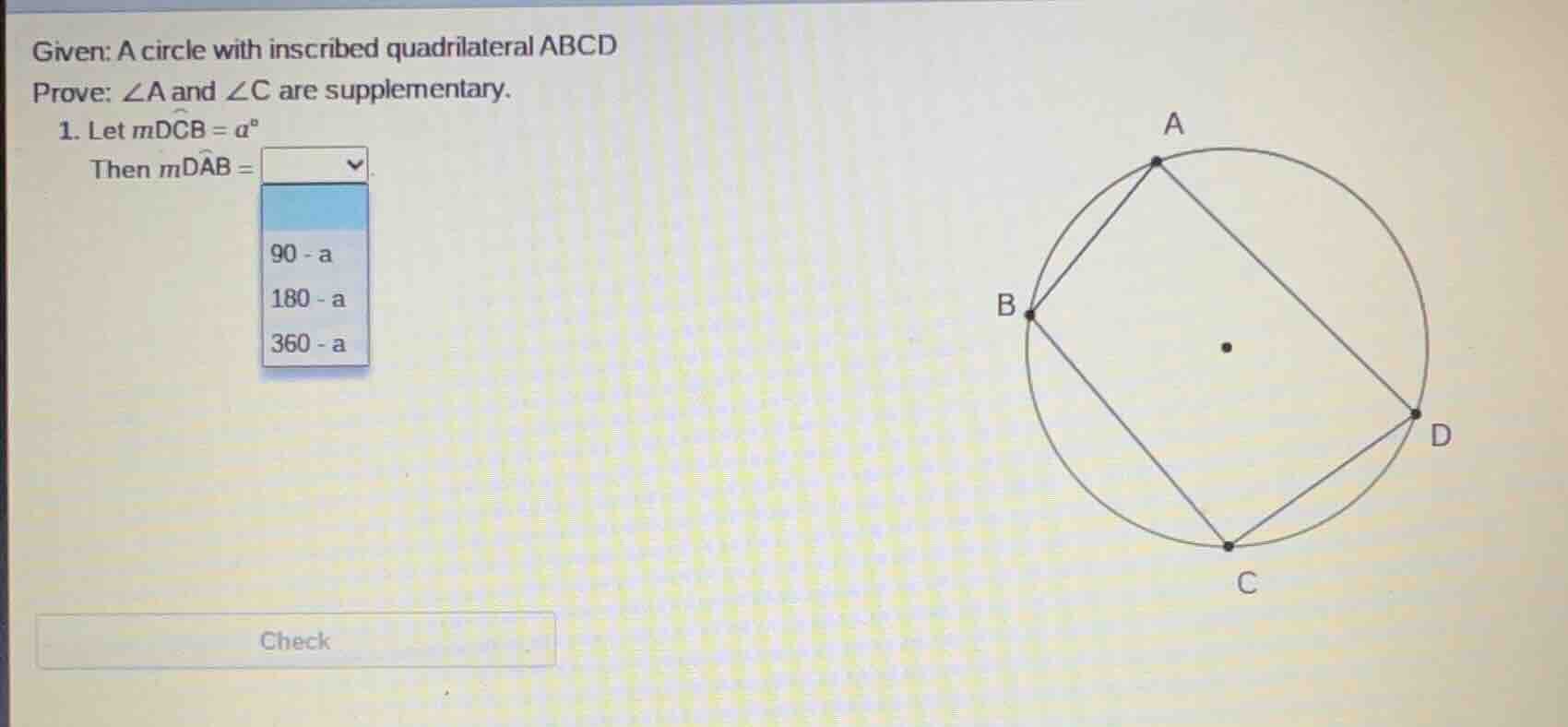 given: a circle with inscribed quadrilateral abcd prove: ∠a and ∠c are …