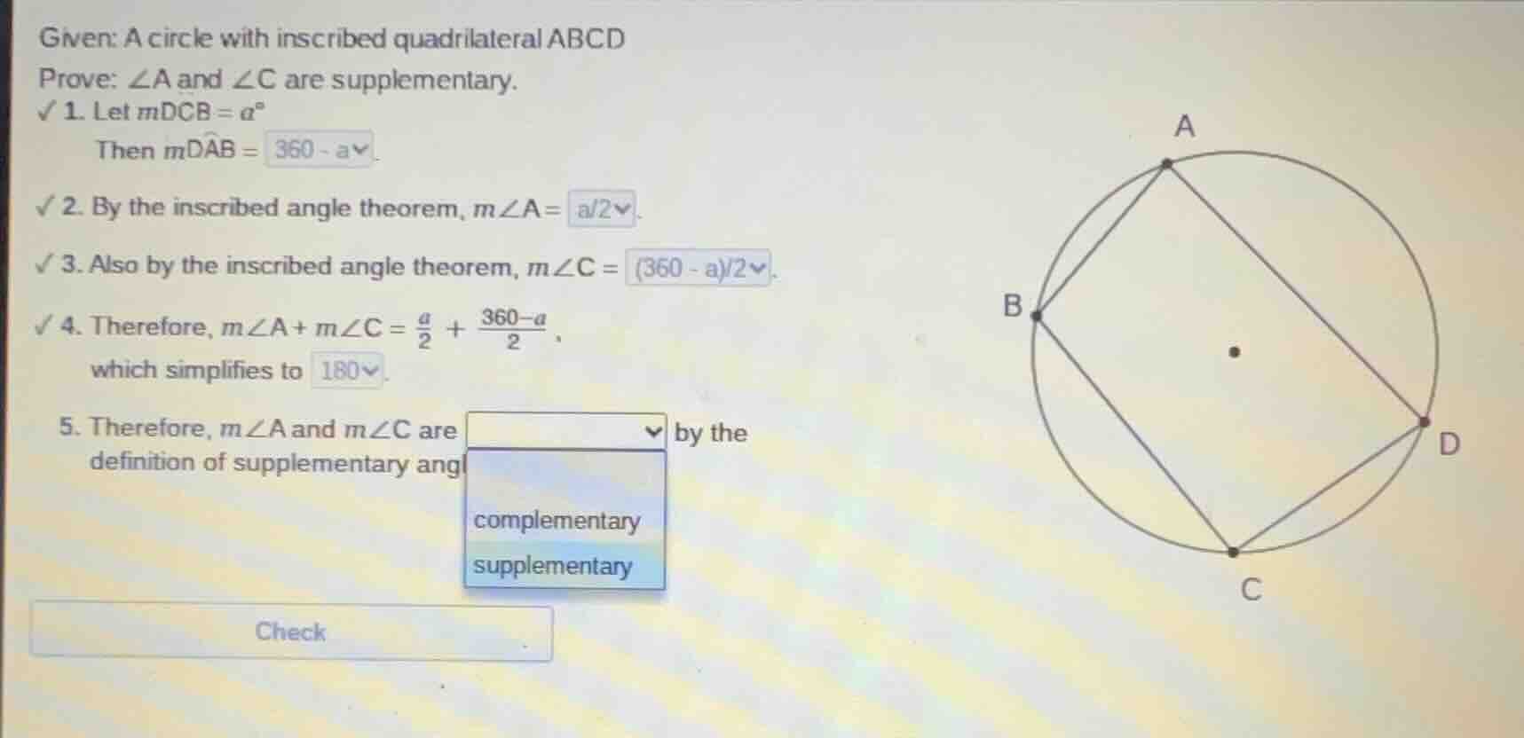 given: a circle with inscribed quadrilateral abcd prove: ∠a and ∠c are …