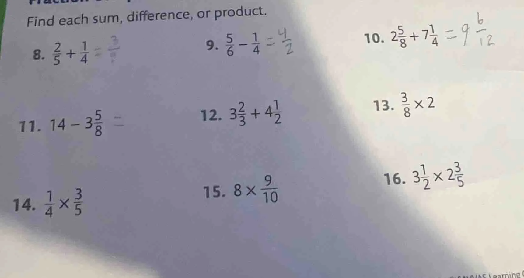 find each sum, difference, or product. 8. $\frac{2}{5}+\frac{1}{4}$ 9. …