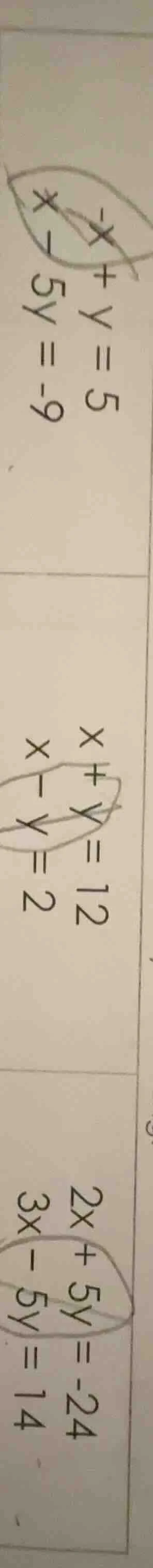 -x + y = 5 x - 5y = -9 x + y = 12 x - y = 2 2x + 5y = -24 3x - 5y = 14