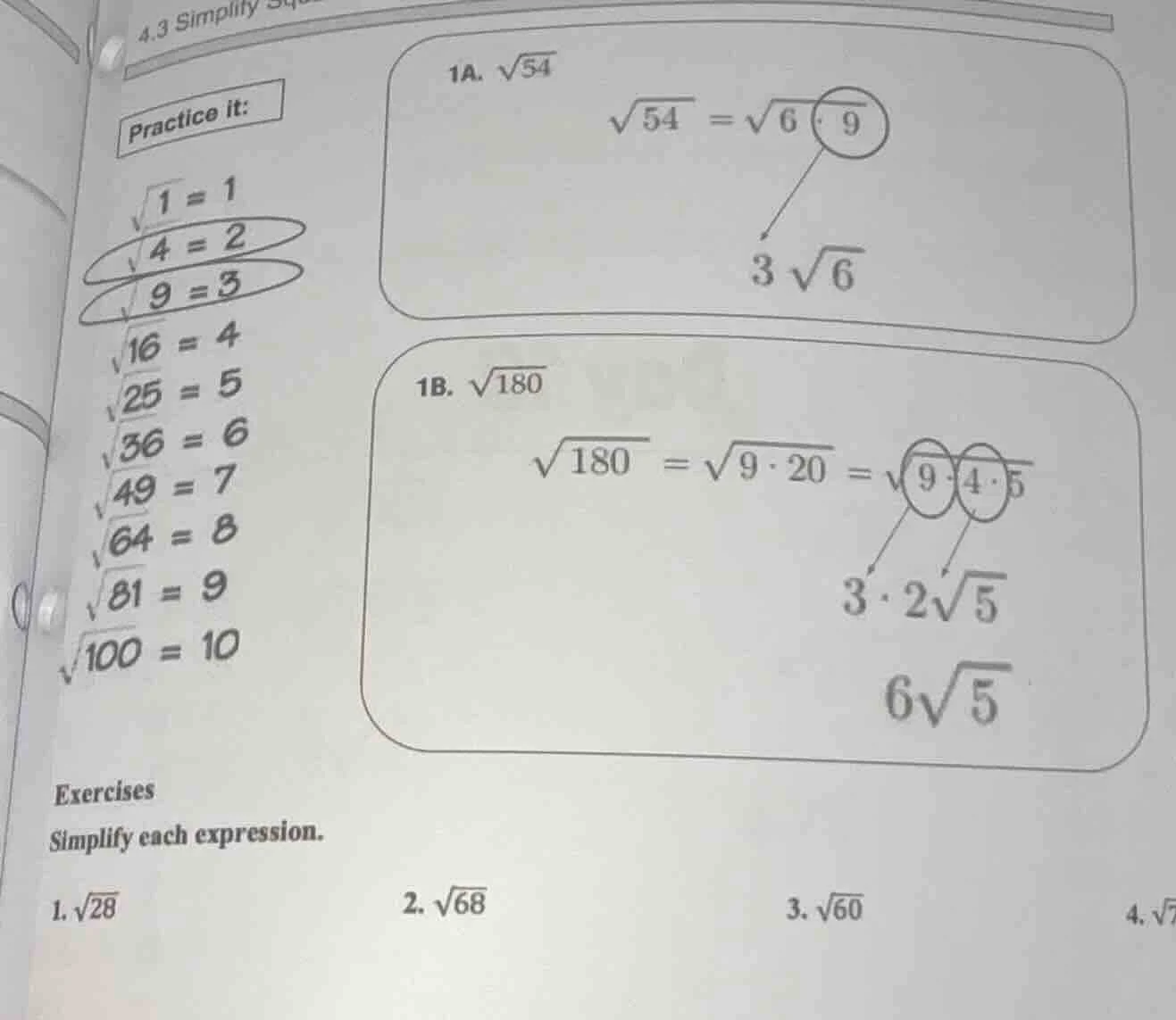 4.3 simplify practice it: \\(\\sqrt{1} = 1\\) \\(\\sqrt{4} = 2\\) \\(\\…