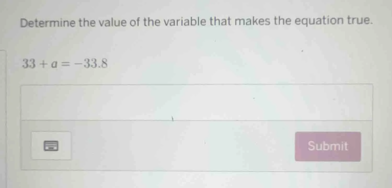 determine the value of the variable that makes the equation true. 33 + …