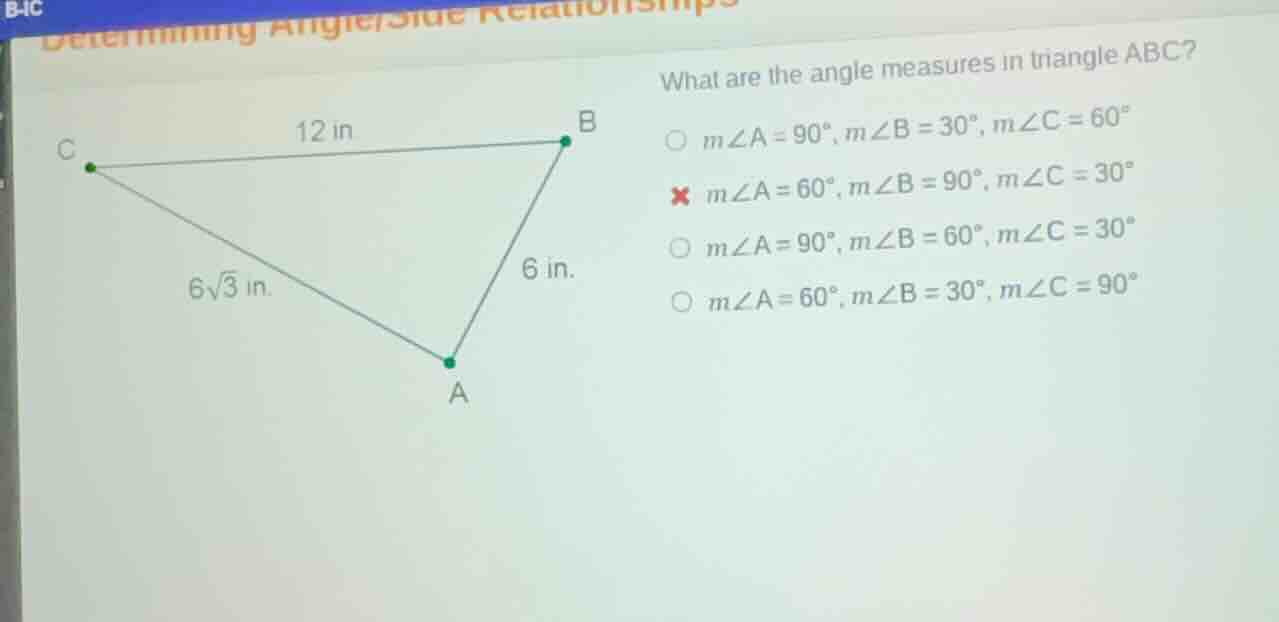 what are the angle measures in triangle abc? options: - ( mangle a = 90…